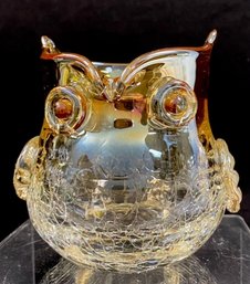 Vintage Hand-blown Iridescent Ombre Marigold Luster Crackle Glass Owl Vase