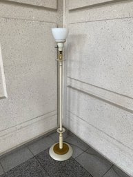 Off-white Vintage Metal Floor Lamp W/ Brass Accents & Milk Glass Shade