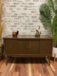 Vintage Laminate Mid Century Console Table W/ Sliding Door Panels