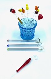 Collection Of Handblown Art Glass Swizzle Sticks/cocktail Stirs In Cut Glass Toothpick Holder