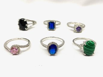 Grouping Of 6 Silvertone Ladies Rings W/ Stones - Size 10