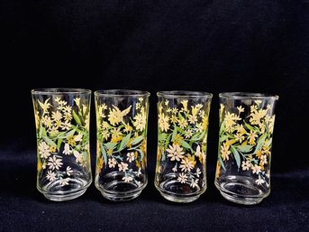 Set Of 4 Vintage Yellow & Green Floral Tumblers By Libbey