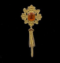 Goldtone Tassel Brooch W/ Apricot Colored Stone