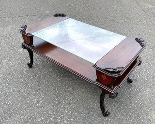 Vintage Elegant Glass Top Coffee Table W/ Carved Cabriolet Legs