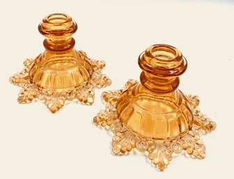 Pair Of Ring & Petal Amber Candlestick Holders By Westmoreland