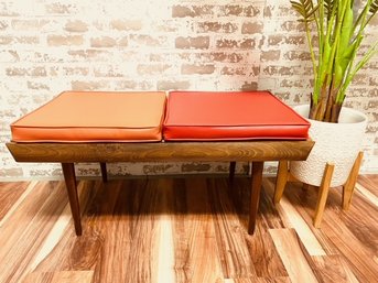 Vintage MCM Walnut Slat Bench W/ Vinyl Cushions - Yugoslavia