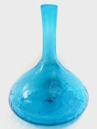 Vintage Hand-blown Teal Crackle Bottle Form Vase