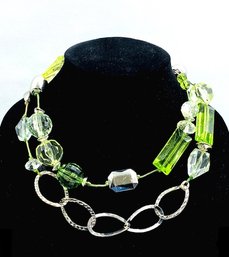 Chico's Hand-knotted Silvertone & Green Acrylic Bead Statement Necklace