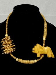 Hand-carved Wooden Lion & Disc Bead Necklace