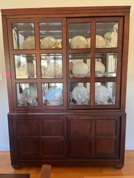 Twelve Panel Glass Hutch W Sliding Doors, Interior Drawer & Shelves On Bottom & Glass Shelves W Light On Top