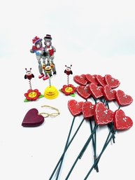 Grouping Of Hand-decorated Heart-shaped Stakes & Valentine Shelf Decor