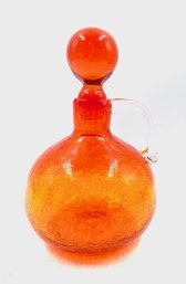 Handblown Vintage Orange Crackle Glass Cruet With Stopper And Applied Handle