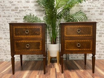 Pair Of Modern History 2 Draw Walnut Chests With Burlwood Inlay.  Original Price For Pair $4158.00