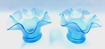 Pair Of Iridescent Sky Blue Ruffled Top Vase/candle Holders