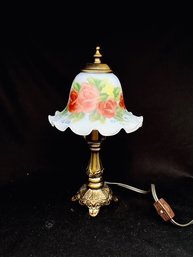 Petite Vintage Table Lamp With Hand Painted Glass Shade