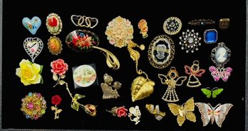 Jewelry Tray Of Brooches Vintage To Now - 34 Pieces