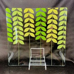 Fabulous Vintage Glass Serving Tray W/ Green/yellow Vine Leaves Motif