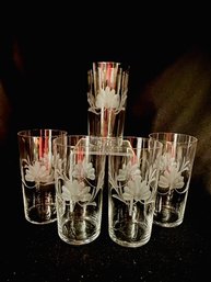 Set Of 5 Antique Handblown Hand-etched Tumblers