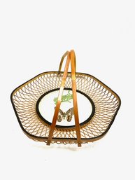Vintage Bent Bamboo Basket W/ Pressed Butterfly/fern