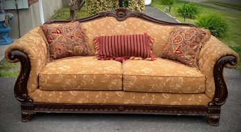 Solid Carved Wood Frame Sofa Upholstered In A Honey Graham Damask W/ Accent Pillows