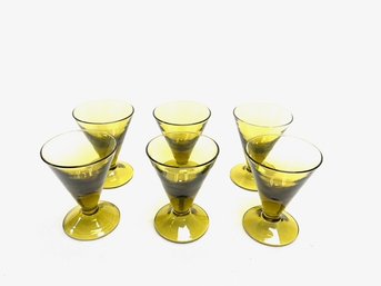 Set Of 6 Empoli Italy Hand-blown Avocado Green Cordial Glasses