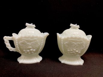 Vintage Cherry & Grape Milk Glass Creamer & Sugar Bowl By Westmoreland