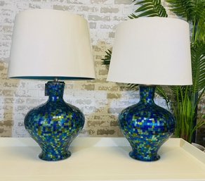 Pair Of New Pier 1 Emerald Blue Mosaic Table Lamps W/ Coordinating Shades