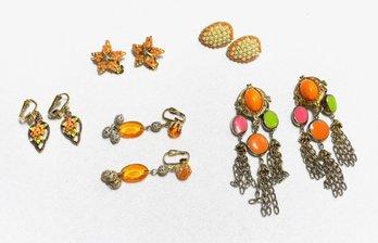 Collection Of Vintage Goldtone Earrings W/ Orange Accents/motif