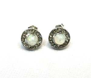 Synthetic Fire Opal & CZ Stud Earring Stamped 925