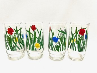 Set Of 4 Vintage Tumblers - Grass Blades & Flowers