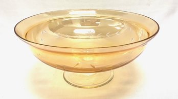 Vintage Marigold Luster Flash Glass Etched Centerpiece Bowl W/ Clear Base