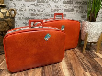 Pair Of Vintage Red Hard-sided Suitcases