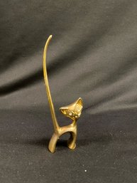 Quirky Vintage Brass Cat W/ Rhinestone Eyed & Long Tail