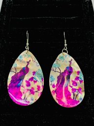 Stunning Hand-painted Peacock On Shell Dangle Earrings