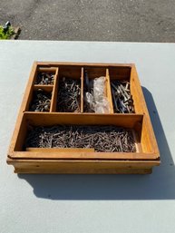 Vintage Wooden Organizer Filled W/ Assorted Nails, Bolts, Etc.