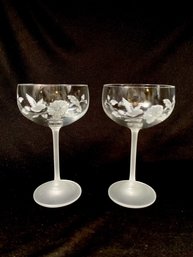 Pair Of Vintage Frosted Hummingbird Red Wind Crystal Goblets By Avon