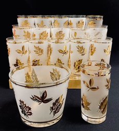 Large 17 Piece Grouping Of Gold Leaf Foliage Barware