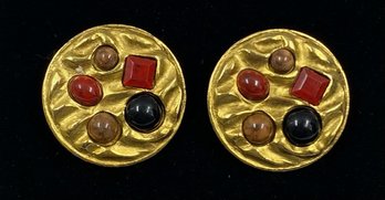 Artistic Vintage Button Clip Earrings W/ Stones