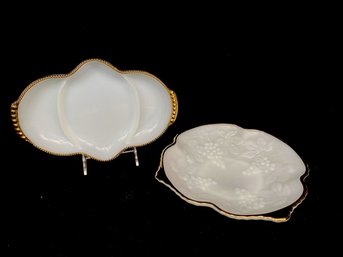 Pairing Of Vintage Gold Trimmed Milk Glass Serving Pieces