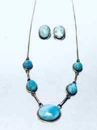 Beautiful Sterling Silver (925) Necklace & Earrings Set W/ Larimar Cabochon Stones