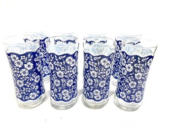 Fantastic Set Of 8 Vintage Libbey Glass Blue & White Floral Tumblers