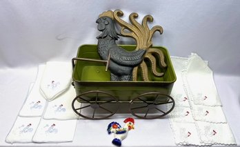 Rooster Motif Collectables In Decorative Metal Wagon