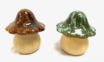 Pair Of Ceramic Decorative Mushrooms W/ Gloss Glazed Top
