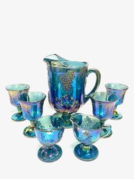 Sensational 7 Piece Vintage Blue Carnival Glass Set By Indian