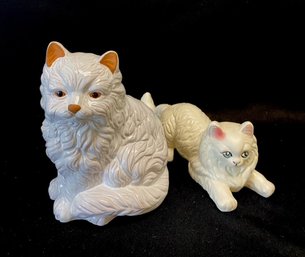 Pairing Of Painted White Ceramic Cat Figurines