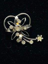 Vintage Silvertone Floral Spray Brooch W/ Clear Rhinestones