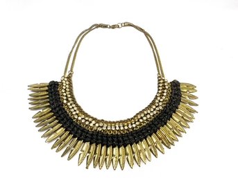 Unique Brass Tone, Woven, Metal Figural Feather Collar Style Necklace