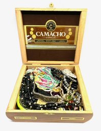 Wooden Camacho Cigar Box Filled W/ Costume Jewelry