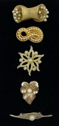 Collection Of Vintage Estate Brooches Goldtone & Faux Pearl