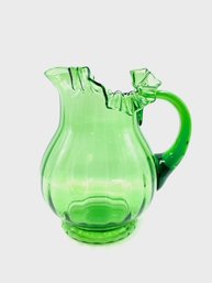 Vintage Handblown Kelly Green Glass Crimped Edge Pitcher